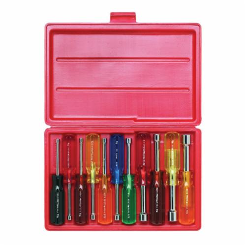 Proto® J9200DB Nut Driver Set, Imperial, 3/16 to 5/8 in, 11 Pieces, 6-11/16 to 7 in OAL, Fluted Handle, Steel/Plastic, Polished Chrome, ASME B107.12