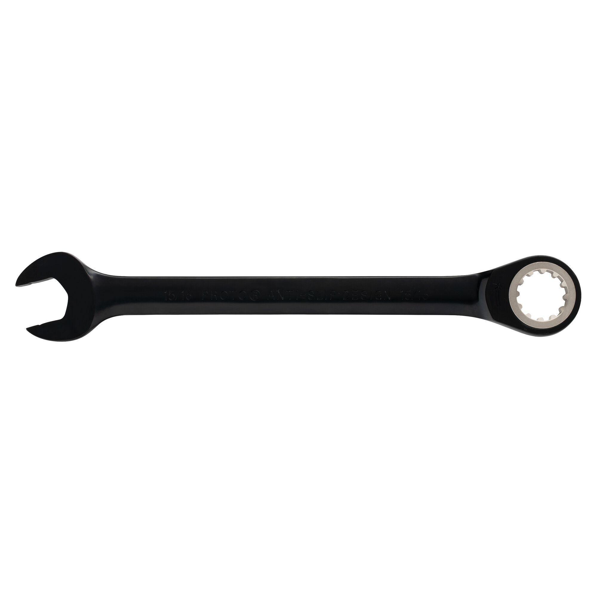 Proto® JSCR30 Non-Reversible Combination Wrench, Imperial, 15/16 in, 12 Points, 15 deg Offset, 12-3/4 in OAL, Chrome Vanadium Steel, Polished Chrome/Black, ASME Specified