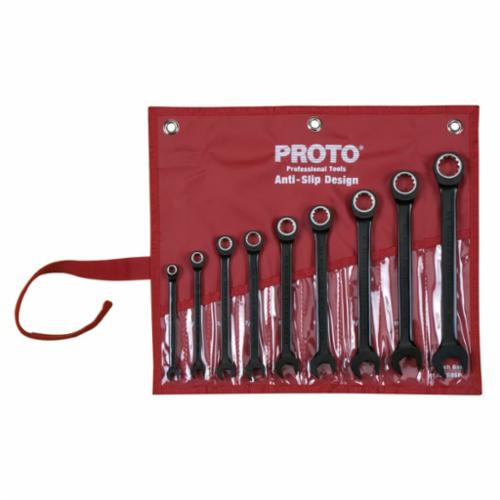 Proto® JSCR-9S Anti-Slip Non-Reversible Ratcheting Spline Combination Wrench Set, Imperial, 9 Pieces, 1/4 to 3/4 in, Polished Chrome/Black