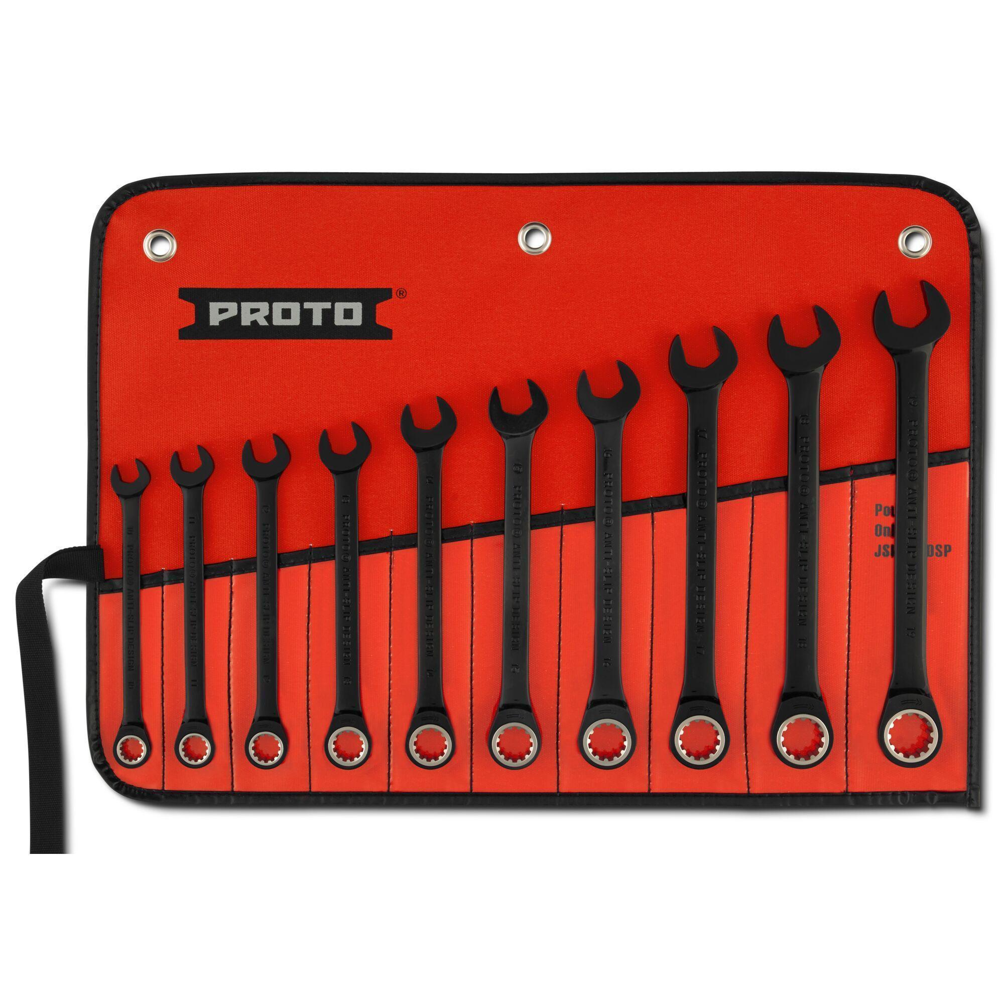 Proto® JSCRM-10S Anti-Slip Non-Reversible Ratcheting Spline Combination Wrench Set, Metric, 10 Pieces, 10 to 19 mm, Polished Chrome/Black