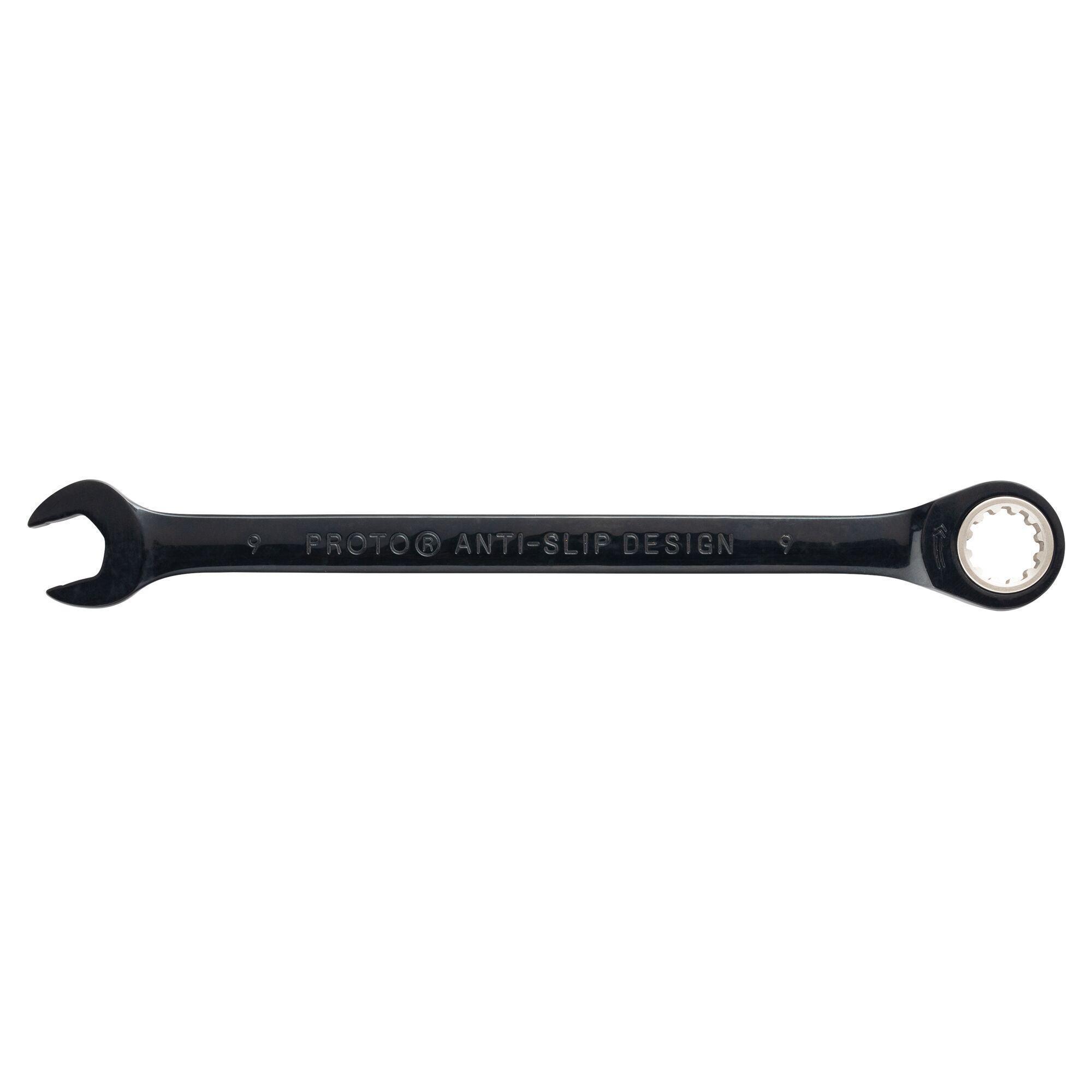 Proto® JSCRM09 Non-Reversible Combination Wrench, Metric, 9 mm, 12 Points, 15 deg Offset, 5-15/16 in OAL, Chrome Vanadium Steel, Polished Chrome/Black, ASME Specified