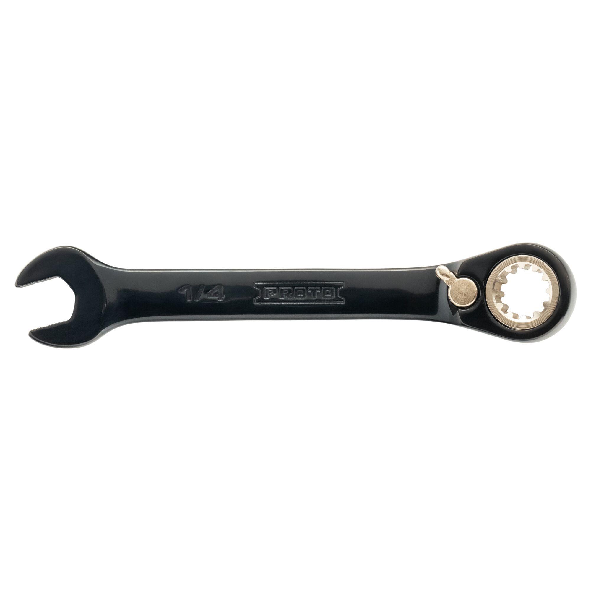 Proto® JSCV14S Reversible Spline Stubby Combination Wrench, 7/16 in, 12 Points, 15 deg Offset, 4 in OAL, Chrome Vanadium Steel, Polished Chrome/Black, ASME Specified