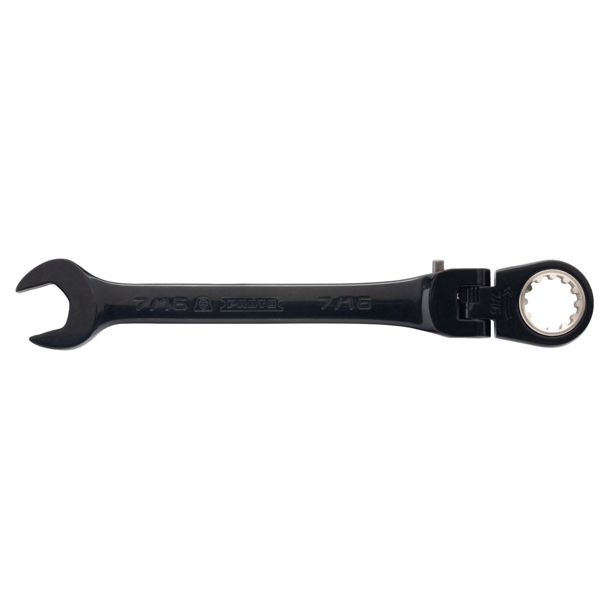 Proto® JSCV14F Locking Flex Head Combination Wrench, 7/16 in, 15 deg Offset, 5-9/16 in OAL, Chrome Vanadium Steel, Polished Chrome/Black