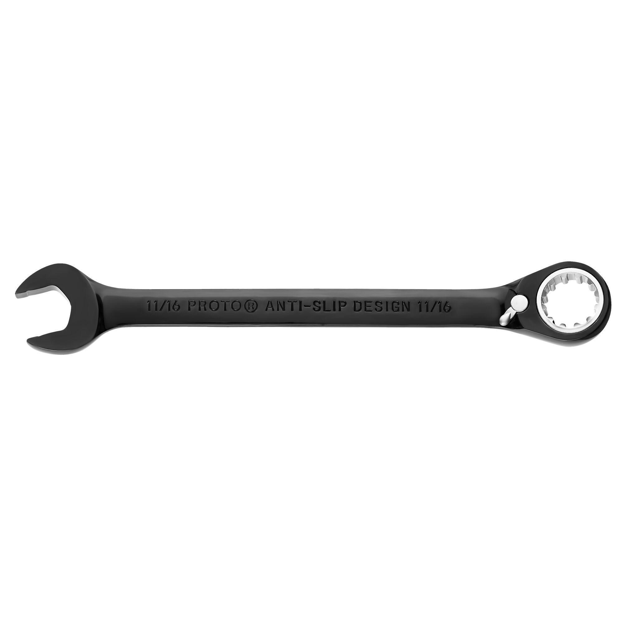 Proto® JSCV22 Reversible Combination Wrench, Imperial, 11/16 in, 12 Points, 15 deg Offset, 8-7/8 in OAL, Chrome Vanadium Steel, Polished Chrome/Black, ASME Specified