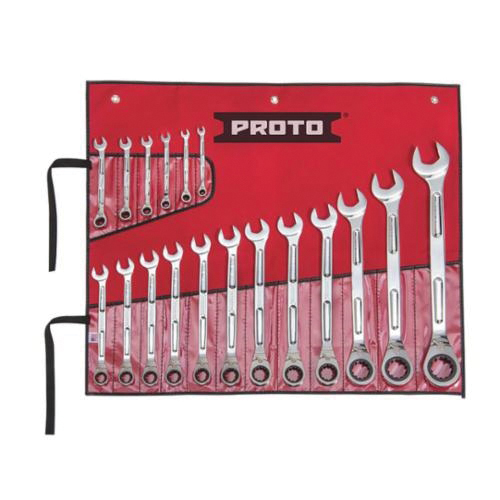 Proto® JSCV-18SA Ratcheting Reversible Combination Wrench Set, Imperial, 18 Pieces, 1/4 to 1-1/4 in, Full Polished