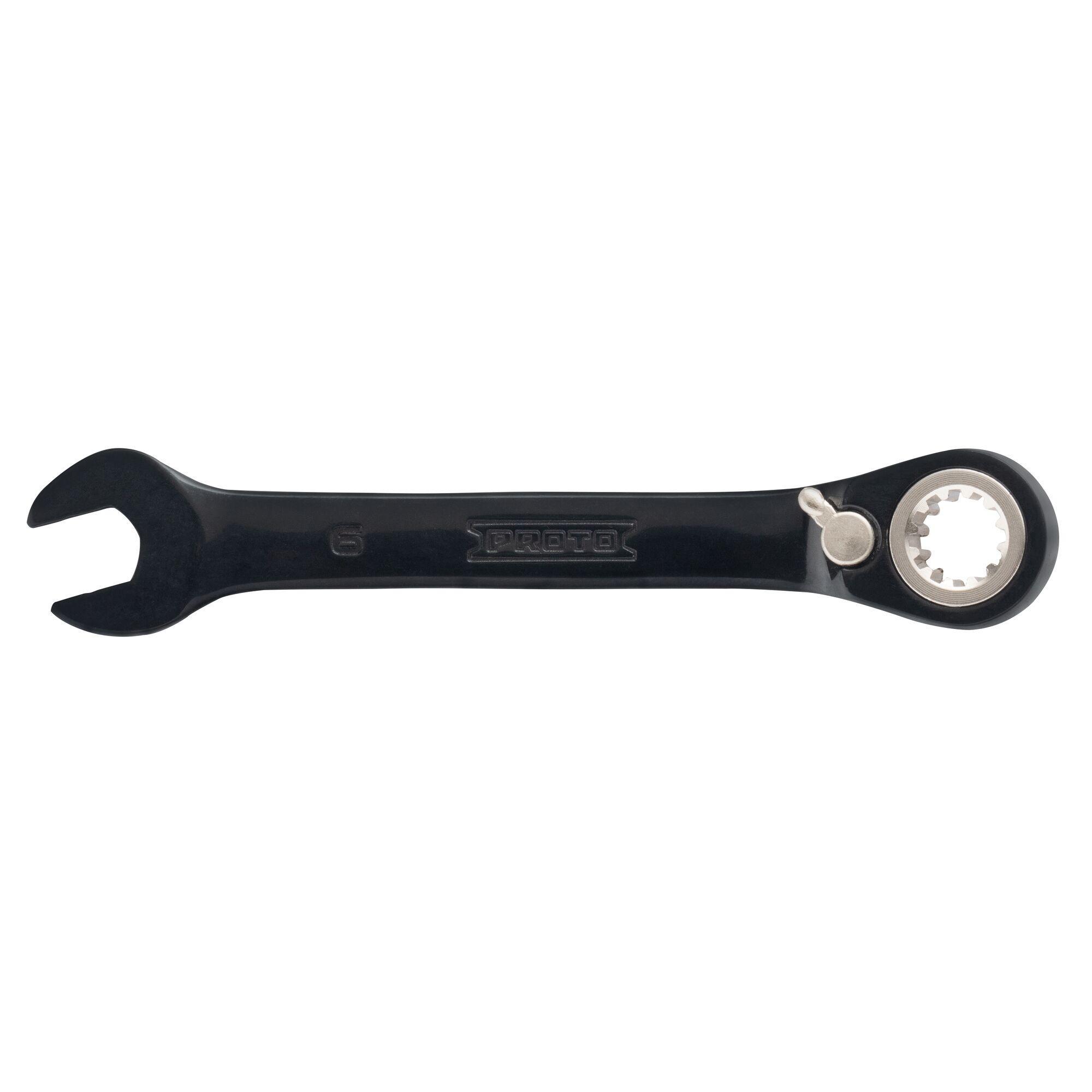 Proto® JSCVM06S Reversible Spline Stubby Combination Wrench, 6 mm, 12 Points, 15 deg Offset, 3-1/2 in OAL, Chrome Vanadium Steel, Polished Chrome/Black, ASME Specified