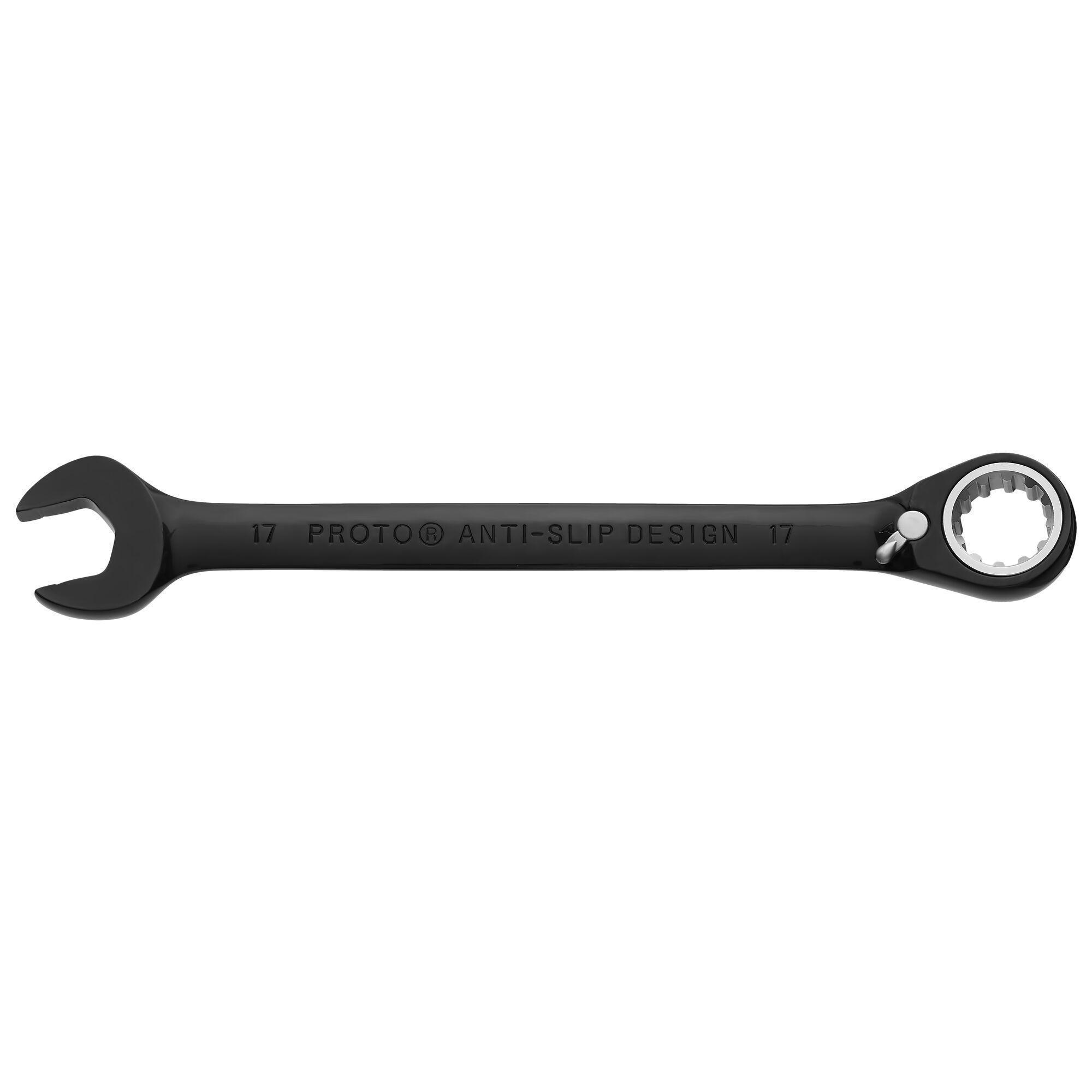 Proto® JSCVM17 Reversible Combination Wrench, Metric, 17 mm, 12 Points, 15 deg Offset, 8-7/8 in OAL, Chrome Vanadium Steel, Polished Chrome/Black, ASME Specified
