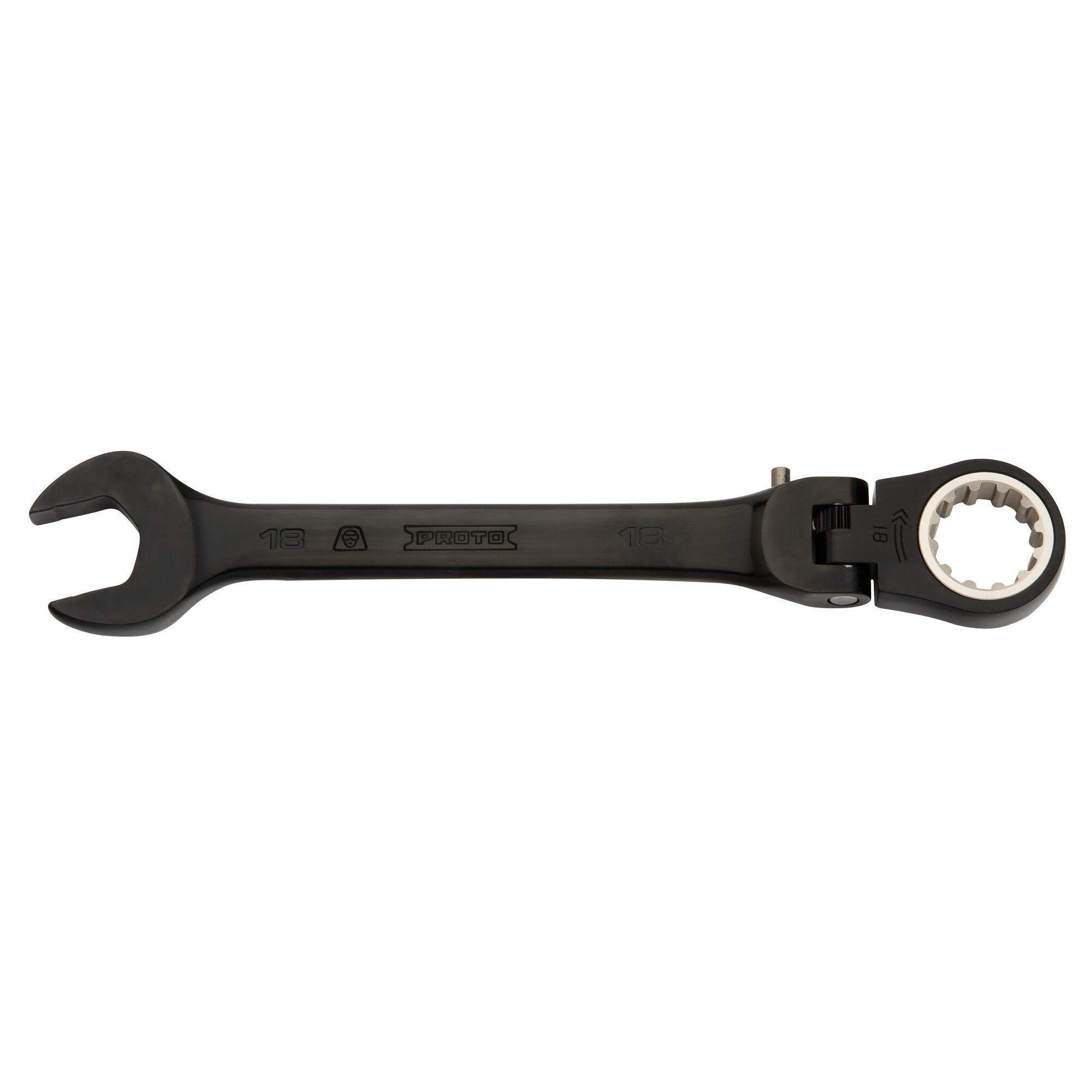 Proto® JSCVM18F Locking Flex Head Spline Combination Wrench, 18 mm, 12 Points, 15 deg Offset, 8 in OAL, Chrome Vanadium Steel, Polished Chrome/Black, ASME Specified
