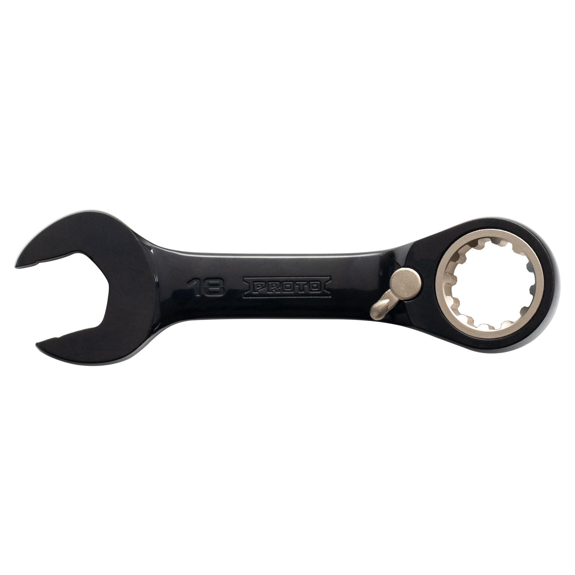 Proto® JSCVM18S Reversible Spline Stubby Combination Wrench, 18 mm, 12 Points, 15 deg Offset, 5-5/32 in OAL, Chrome Vanadium Steel, Polished Chrome/Black, ASME Specified