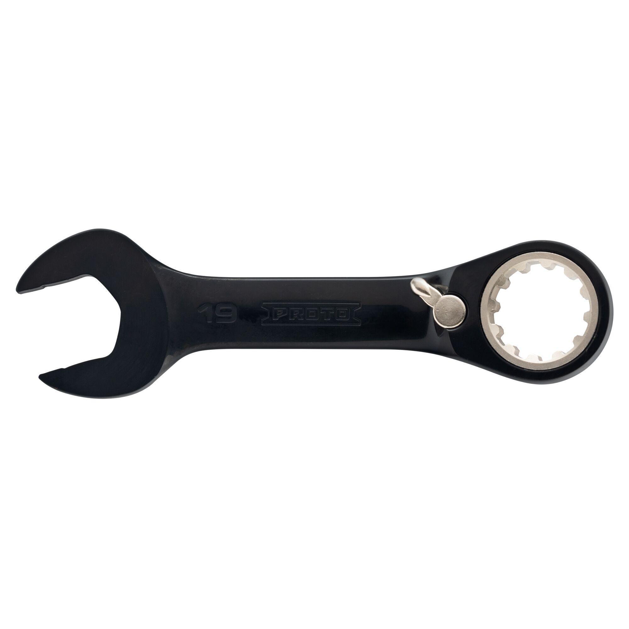 Proto® JSCVM19S Reversible Spline Stubby Combination Wrench, 19 mm, 12 Points, 15 deg Offset, 5-1/2 in OAL, Chrome Vanadium Steel, Polished Chrome/Black, ASME Specified
