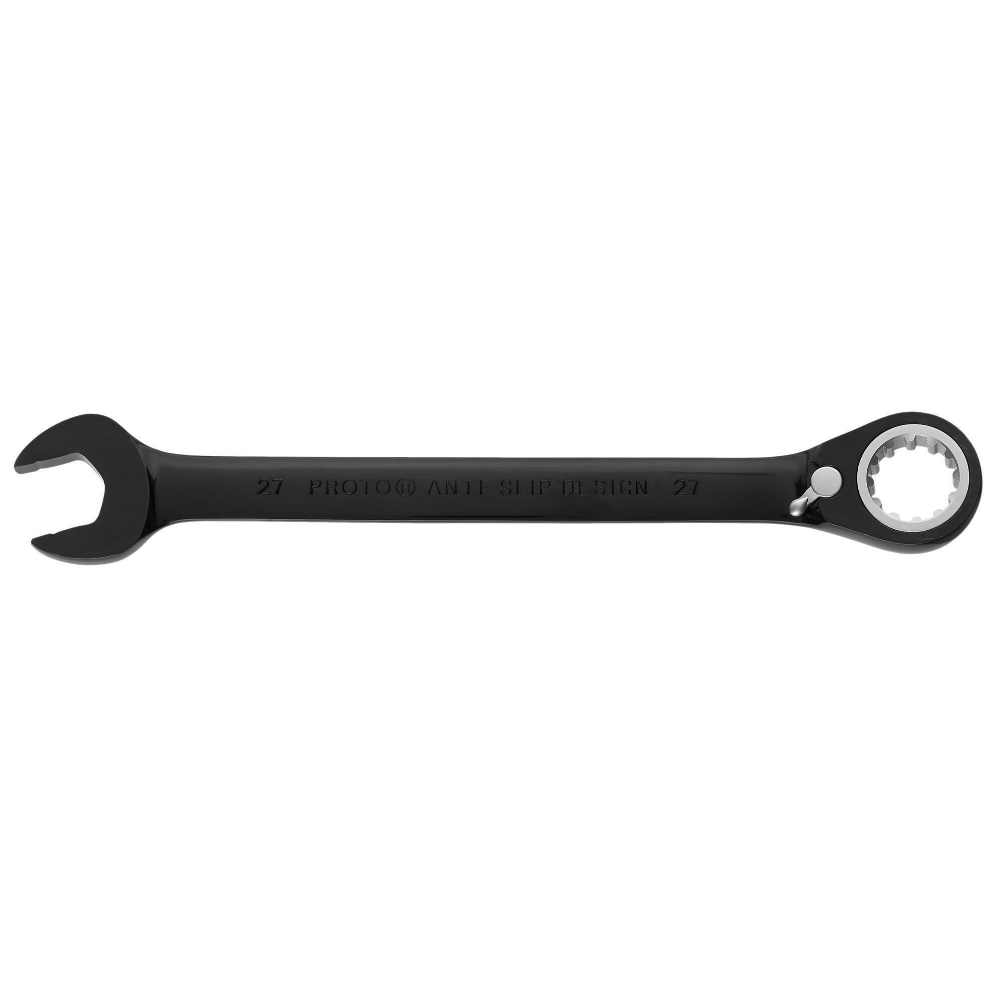 Proto® JSCVM27 Reversible Combination Wrench, Metric, 27 mm, 12 Points, 15 deg Offset, 14-1/8 in OAL, Chrome Vanadium Steel, Polished Chrome/Black, ASME Specified
