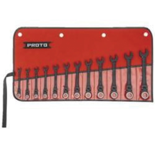 Proto® JSCVMF-12S Ratcheting Combination Wrench Set, Metric, 12 Pieces, 8 to 19 mm, Polished Chrome/Black