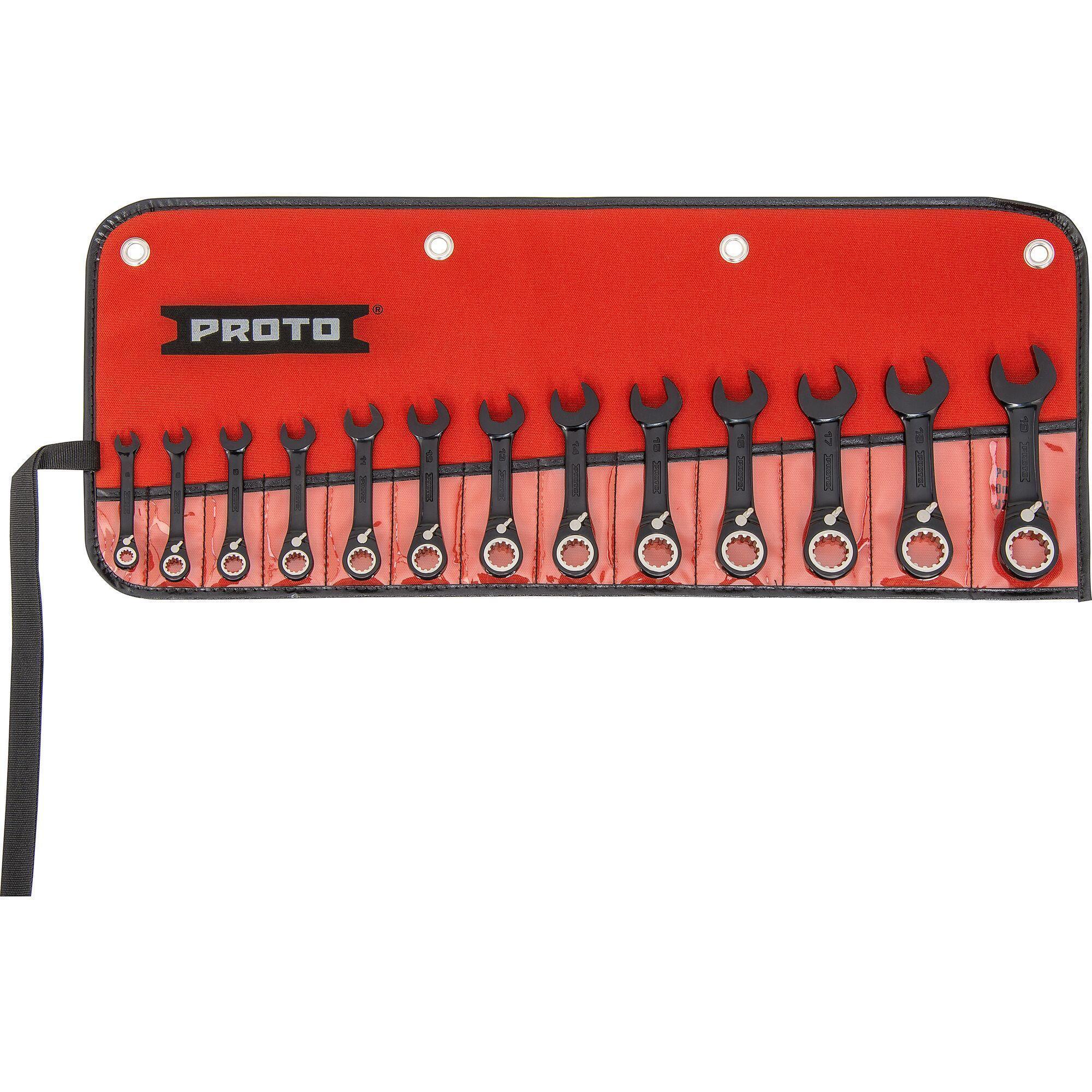 Proto® JSCVMS-13S Ratcheting Reversible Stubby Length Combination Wrench Set, Metric, 13 Pieces, 6 to 19 mm, Polished Chrome/Black
