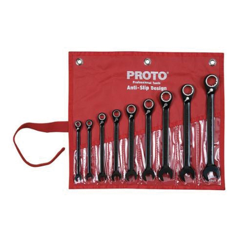 Proto® JSCVS-9S Fractional Anti-Slip Ratcheting Reversible Stubby Length Combination Wrench Set, Imperial, 9 Pieces, 1/4 to 3/4 in, Polished Chrome/Black