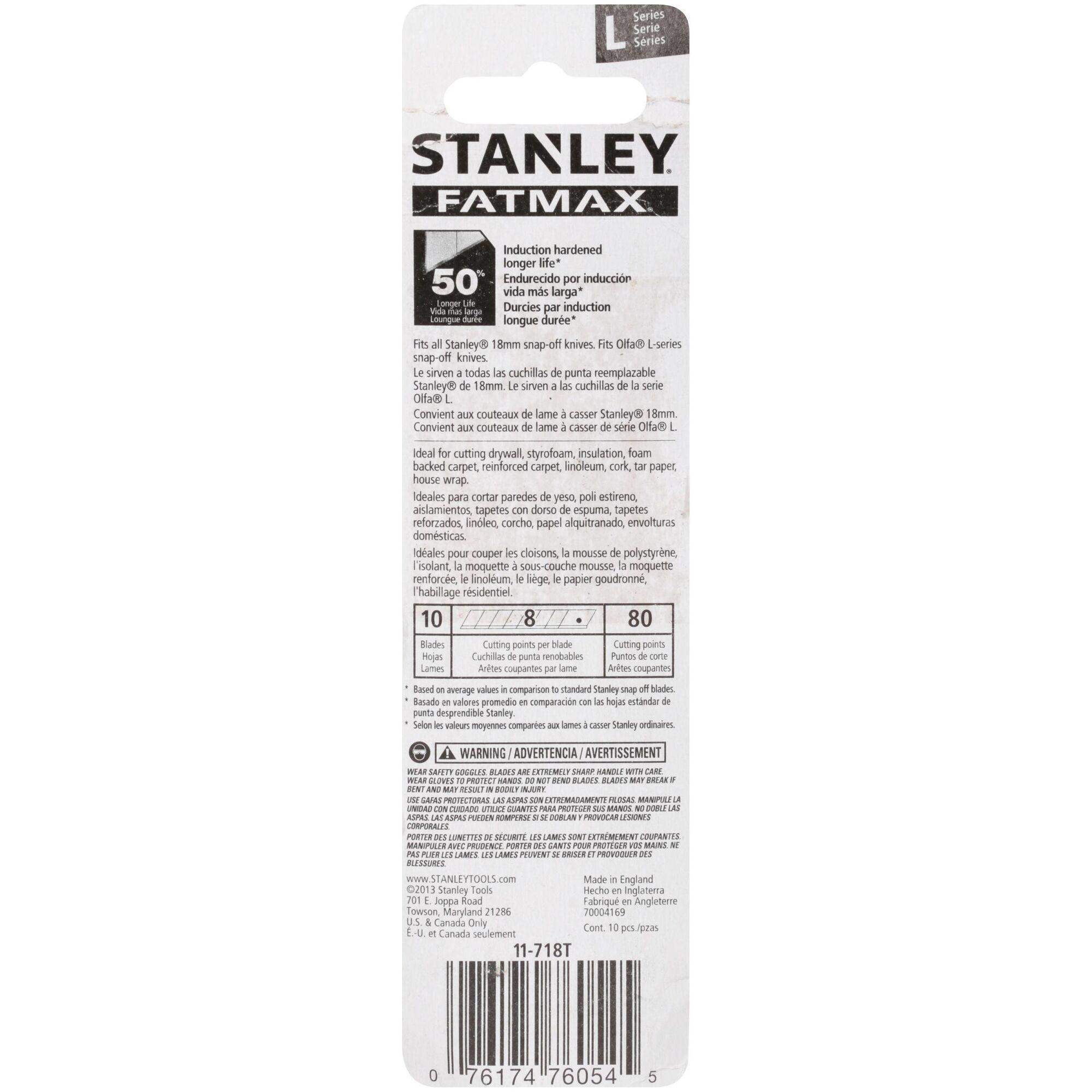 Stanley® FatMax® 11-718T General Purpose Utility Blade, Carbon Steel, Snap-Off, 4-1/4 in L x 18 mm W Blade, Compatible With: Stanley® 18 mm Snap-Off Knives, OLFA® L-series Snap-Off Knives and 4FE34 Utility Knives, 0.02 in THK