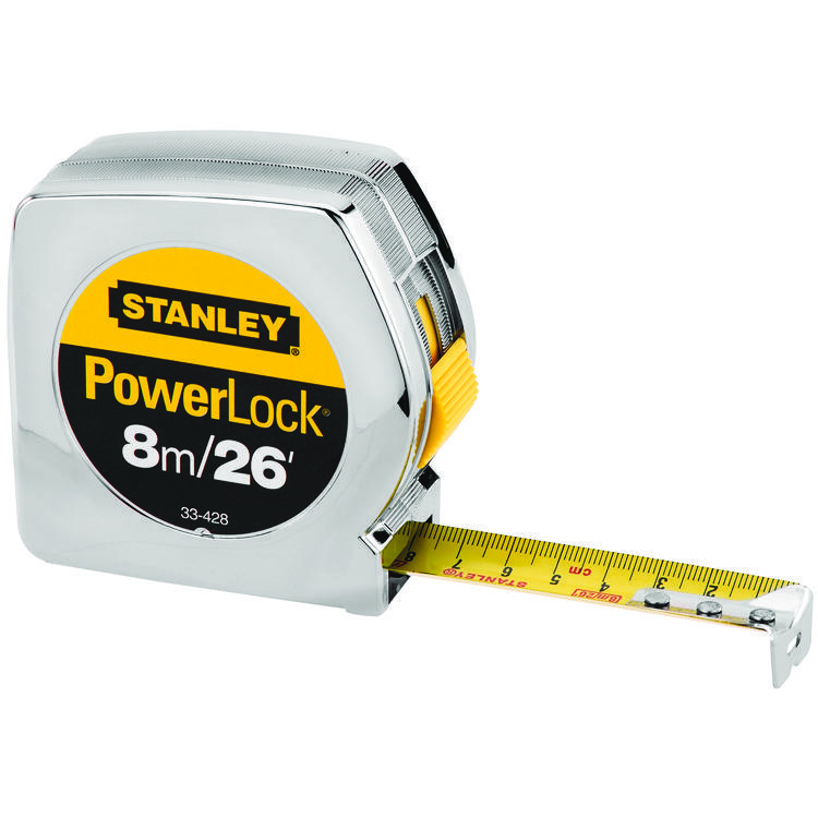 Stanley® PowerLock® 33-428 Tape Rule With Belt Clip, 26 ft L x 1 in W Blade, Mylar® Polyester Film/BladeArmor™ Blade, Metric/SAE Measuring System