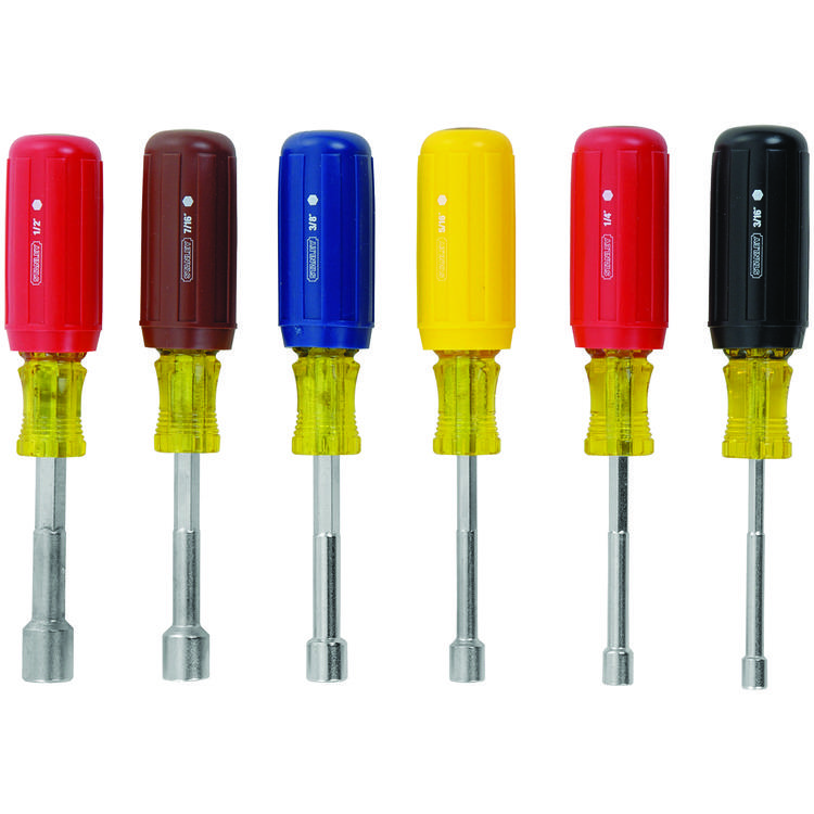 Stanley® 62-541 Nut Driver Set, 3/16 to 1/2 in, 6 Pieces, 8 in OAL, Rubber/Vinyl Grip Handle, Acetate/Steel/Vinyl, Nickel Plated, ANSI/ASME Specified