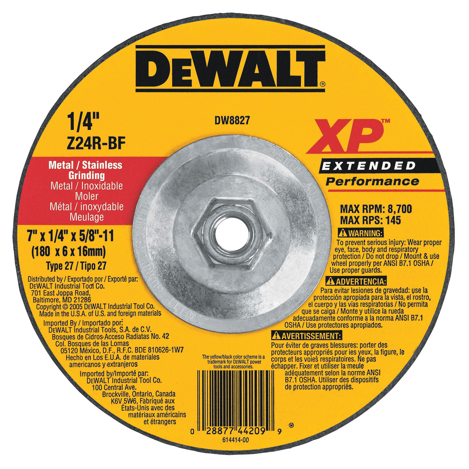 DeWALT® DW8827 Flat Depressed Center Grinding Wheel, 7 in Dia Wheel x 1/4 in THK Wheel, 5/8-11 in Center Hole, 24 Grit, Zirconia Alumina Abrasive