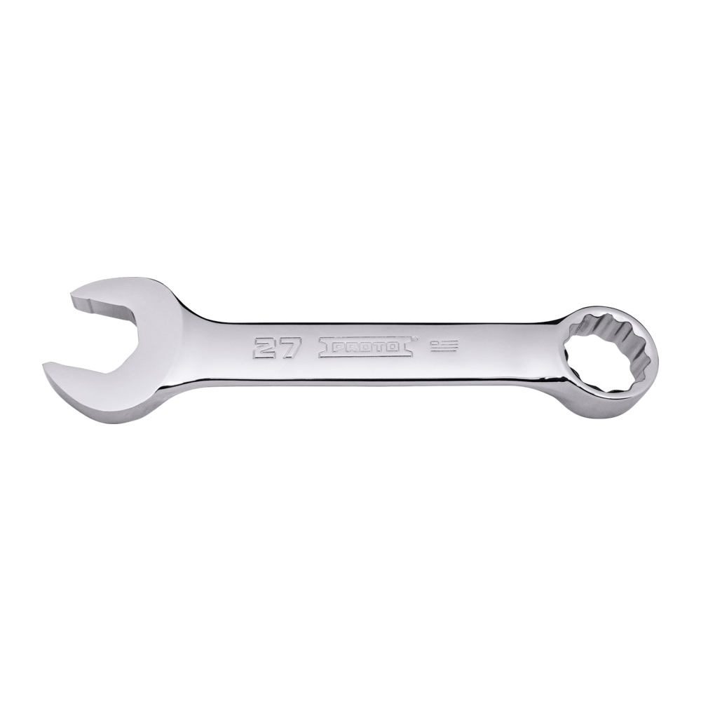 Proto® TorquePlus™ J1227MS 1-Piece Short Straight Wrench, 27 mm Wrench, 12 Points, 15 deg Offset, 8-19/32 in OAL, Alloy Steel, Polished Chrome, ASME B107.100-2010/AS4984A