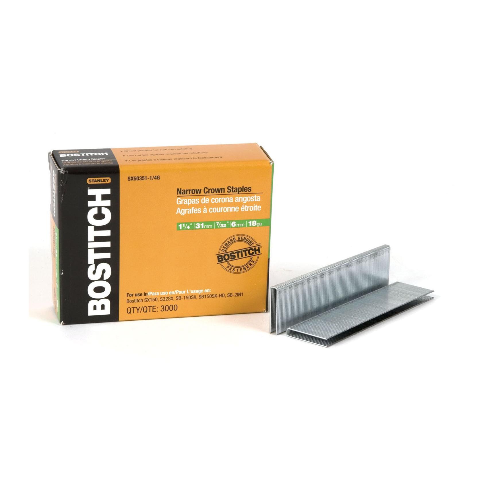 Bostitch® SX50351-1/4G SX Series Narrow Crown Staples, 1-1/4 in L Leg, Chisel Point, Steel, 7/32 in W Crown