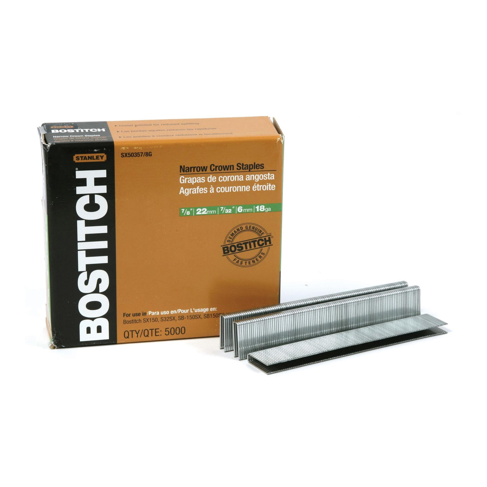 Bostitch® SX50357/8G SX Series Narrow Crown Staples, 7/8 in L Leg, Chisel Point, Steel, 7/32 in W Crown
