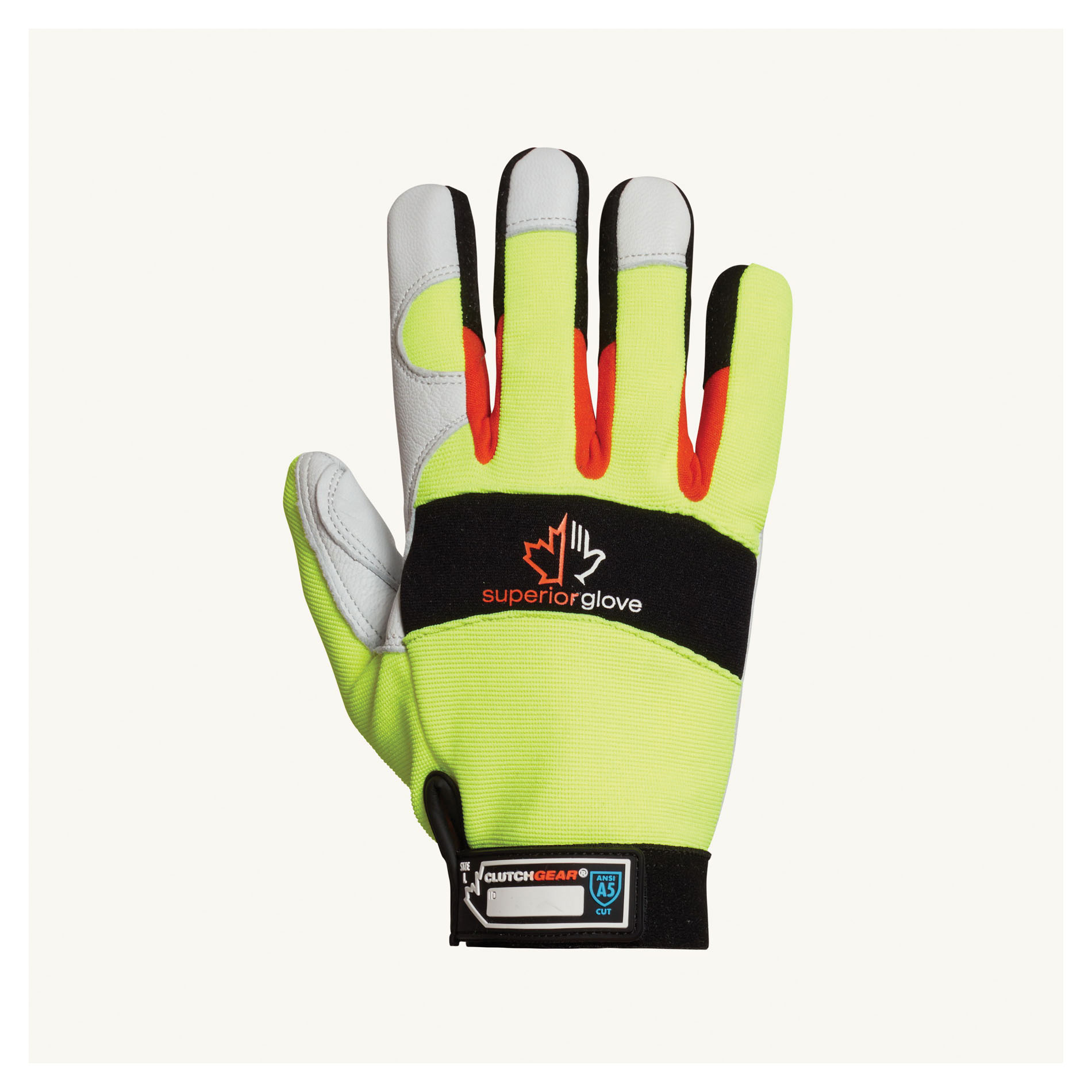 Superior Glove™ MXGKGHVL Clutch Gear® High Visibility Cut Resistant Gloves, Leather, Wide Elastic Wrist Cuff, Resists: Abrasion/Cut/Puncture, ANSI Cut-Resistance Level: A5, ANSI Puncture-Resistance Level: 4