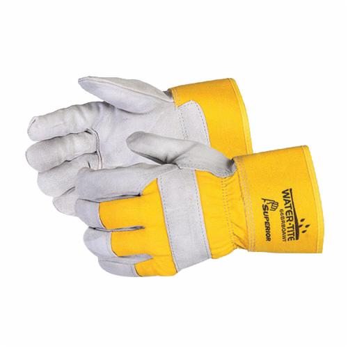 Superior Glove™ 66BRBOAWT Crewmate™ Fitter General Purpose Gloves, Gunn Cut/Index Finger Style, Universal, Cotton Hem/Split Cowhide Leather, Rubberized Safety Band Top Cuff, Resists: Abrasion, Puncture and Scrapes, Water-Tite™ Acrylic BOA/Polyurethane