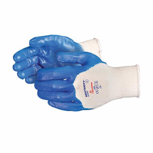 Superior Glove™ S15NT-10 Dexterity® General Purpose Gloves, Coated, Seamless Style, SZ 10, Nitrile Palm, 15 ga Cotton, Blue/White, Knit Wrist Cuff, Resists: Abrasion, Cut and Puncture