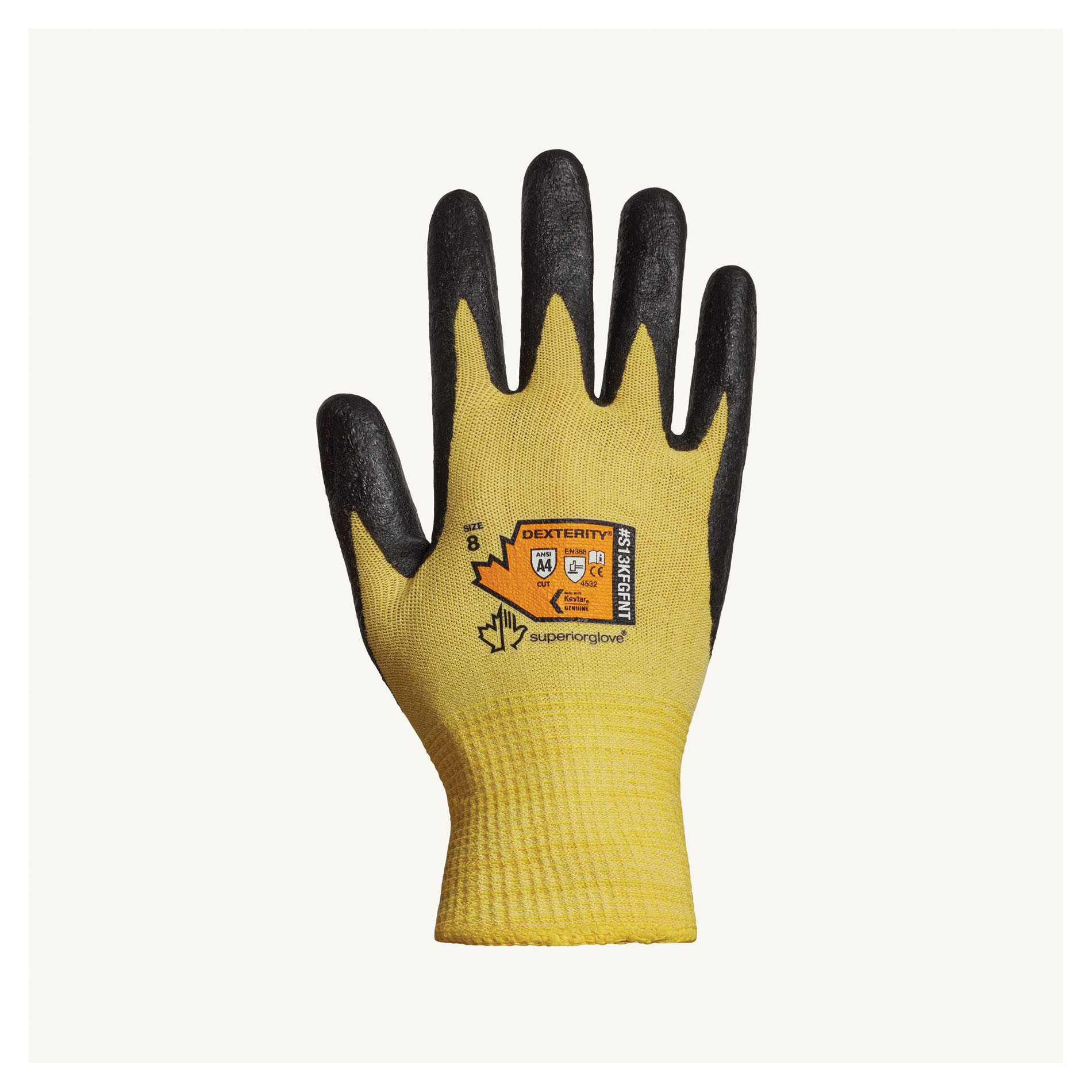 Superior Glove™ S13KFGFNT-10 Dexterity® Cut Resistant Gloves, SZ 10, 13 ga DuPont™ Kevlar™ Composite Filament Fiber, Knit Wrist Cuff, Resists: Abrasion/Cut/Puncture, ANSI Cut-Resistance Level: A4, ANSI Puncture-Resistance Level: 3