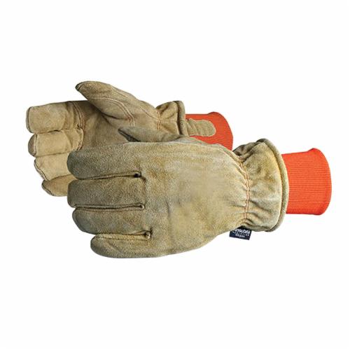 Superior Glove™ 678AFTLK-XL SnowForce™ Double Palm General Purpose Gloves, Freezer, XL, Cowhide Split Leather/Cotton/Patch Thumb, Brown/Orange, Knit Wrist Cuff, Resists: Abrasion and Scrapes, Thinsulate™ C100 and Foam Lining