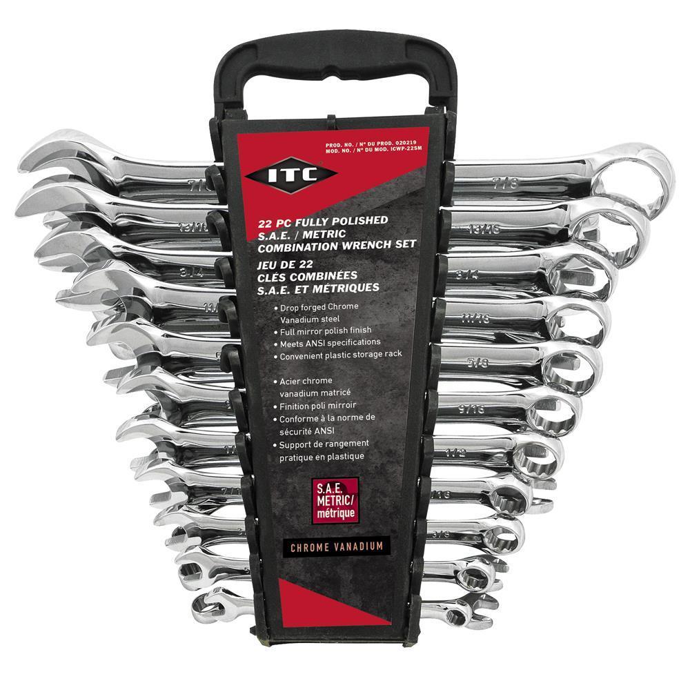 ITC® 020219 Raised Panel Combination Wrench Set, 22 Pieces, 8 to 19 mm, 1/4 to 7/8 in, Full Mirror Polished
