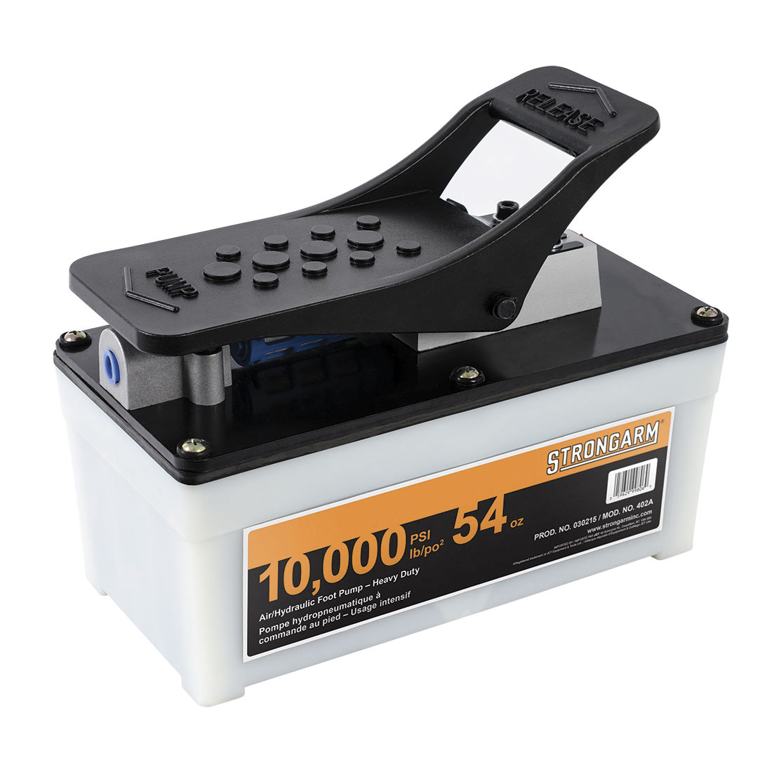 STRONGARM® 030215 Super Heavy Duty Air Hydraulic Foot Pump, For Use With STRONGARM® 10 ton Capacity Rams, 54 oz Oil Capacity, 10000 psi Overload, 100 to 140 psi Operating Pressure, 1.6 Lpm Outflow, 810 mL/min Pressure, 1/4 in NPT Air Port