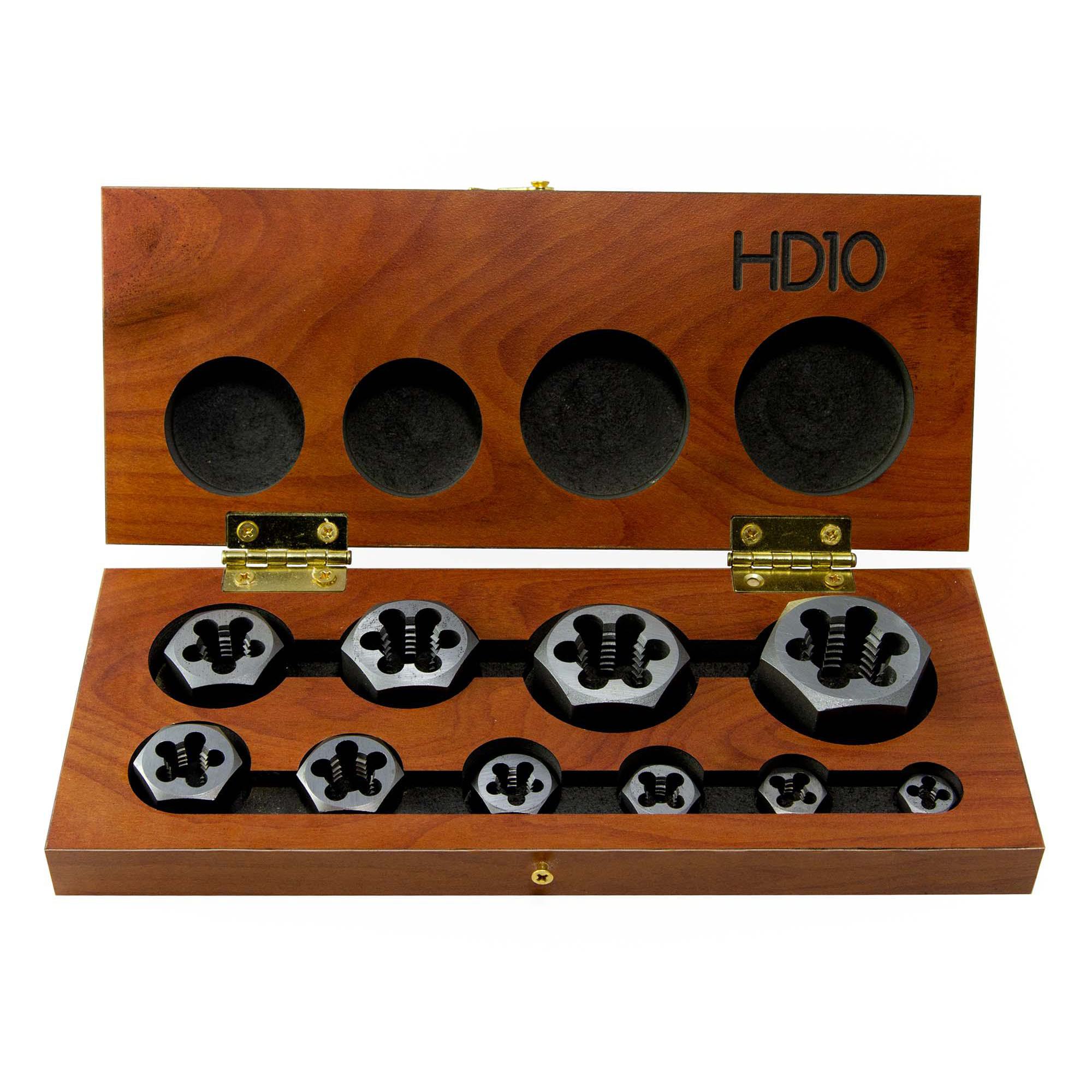 Drillco 3350CC10 Rethreading Die Set, 10 Pieces, 1/4 to 1 in, UNC Thread, Hexagon Die, Carbon Steel, Uncoated