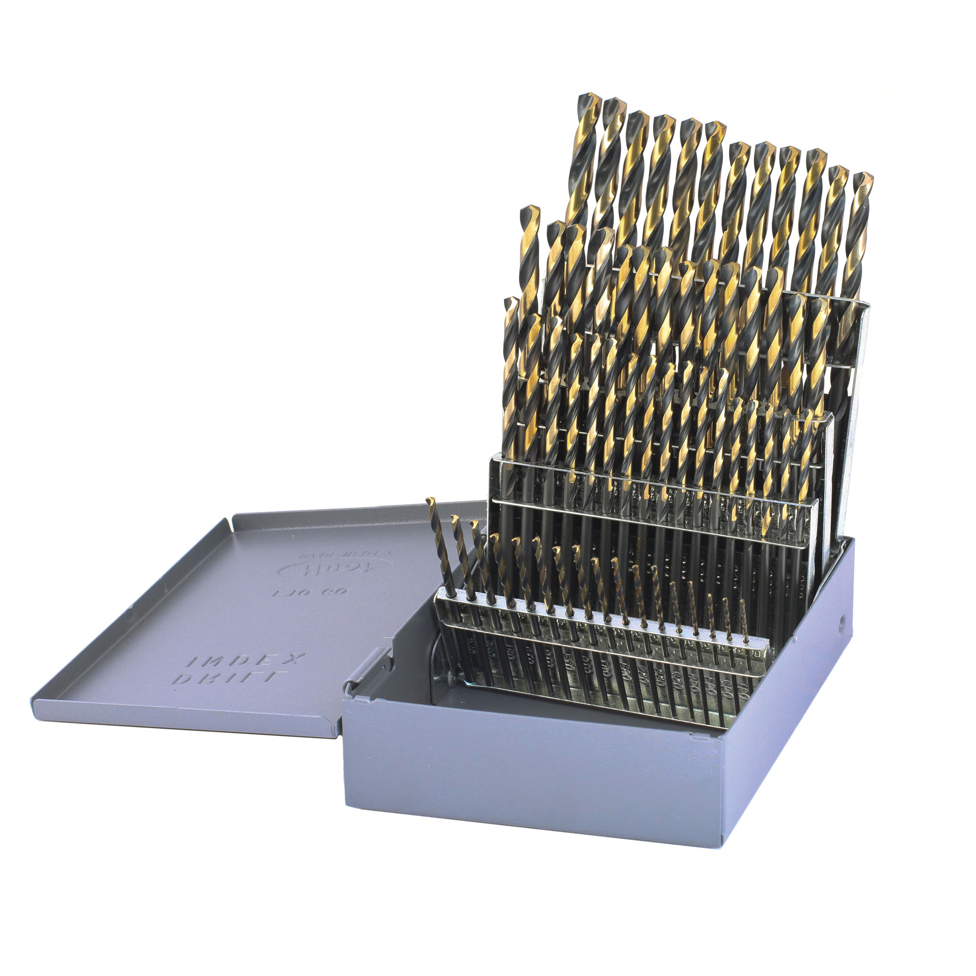 Nitro® 400N60 Heavy Duty Jobber Length Drill Set, #60 Min Drill Bit, #1 Max Drill Bit, 135 deg Drill Point Angle, 60 Pieces, HSS, Black/Gold