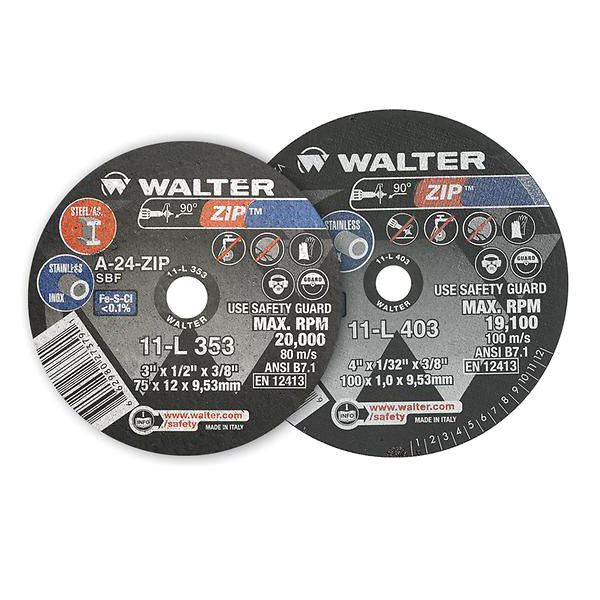 Walter Surface Technologies Zip™ 11L353 ZIP™ Type 1 Cut-Off Wheel, 3 in Dia x 1/2 in THK, 3/8 in Center Hole, A-24-ZIP Grit, Aluminum Oxide Abrasive
