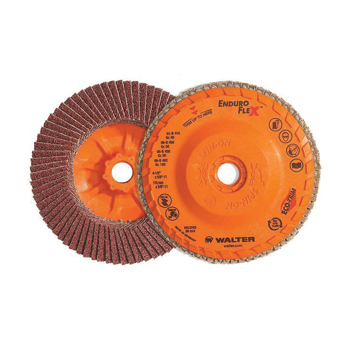 Walter Surface Technologies Enduro-Flex™ 15R604 15-R Close Standard Density Coated Flap Disc, 6 in Dia Disc, 7/8 in Center Hole, 40 Grit, Coarse Grade, Zirconia Alumina Abrasive, Type 27 Disc