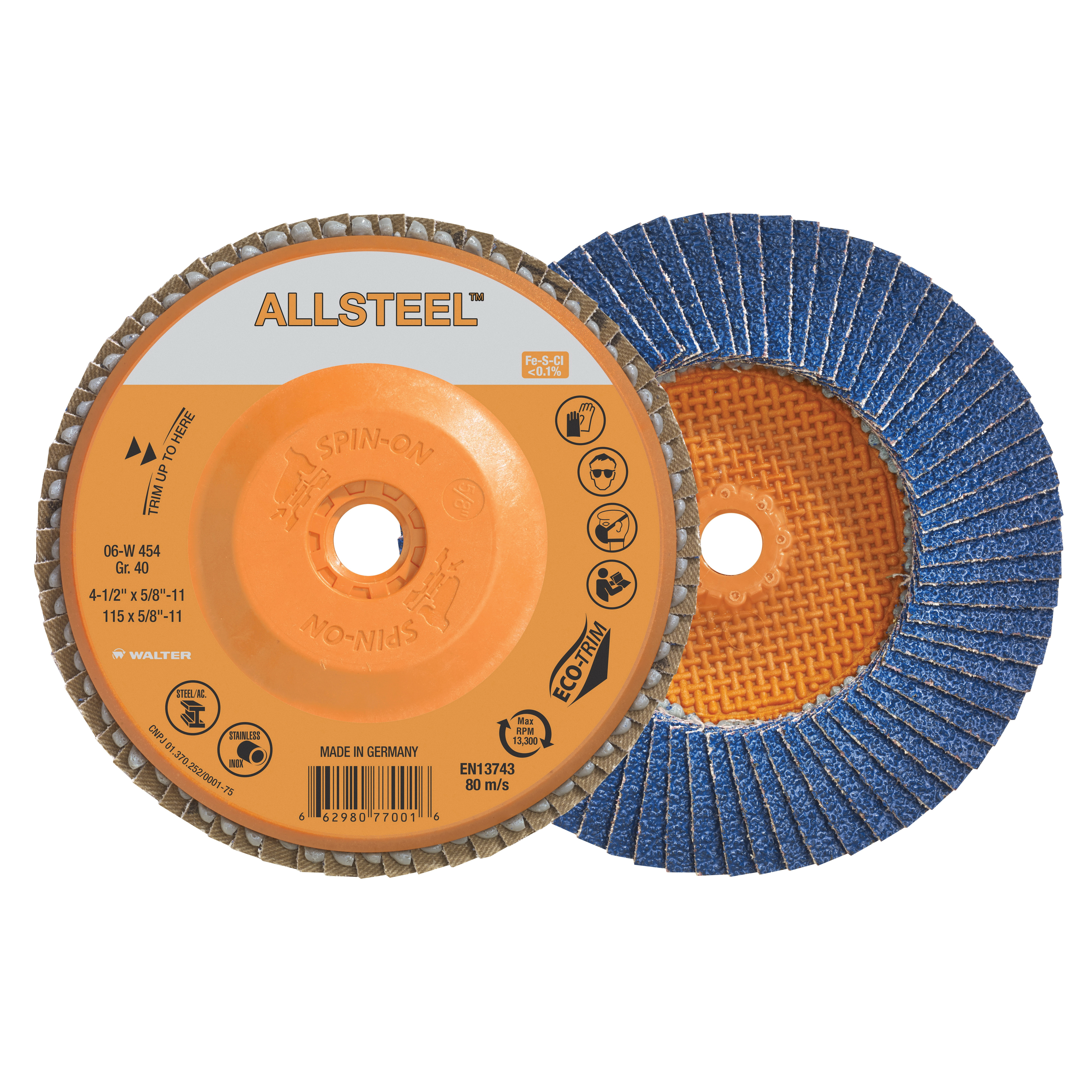 Walter Surface Technologies ALLSTEEL™ 06W454 Industrial Grade Spin-On Flap Disc, 4-1/2 in Dia Disc, 40 Grit, Zirconia Alumina Abrasive, Type 27S Disc