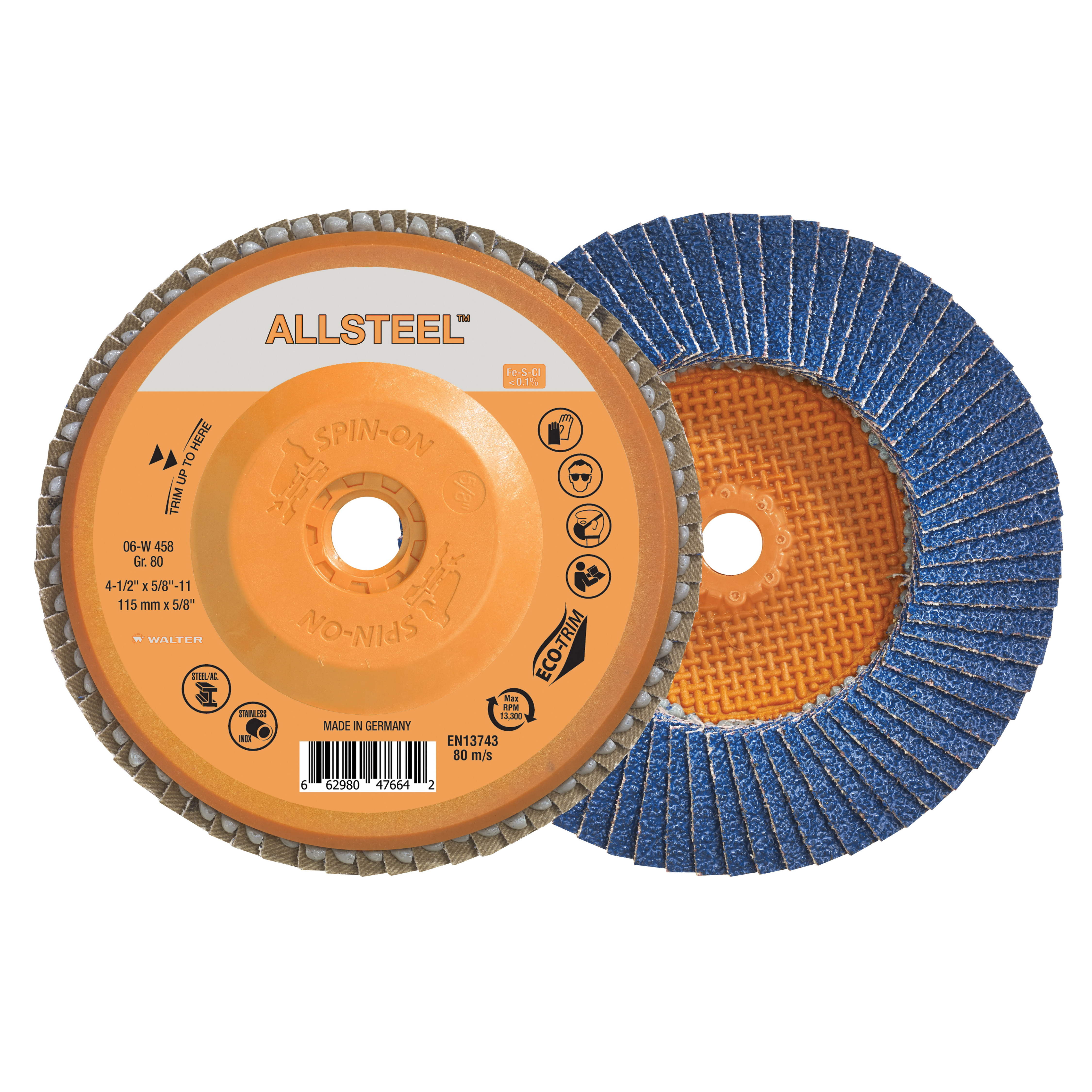Walter Surface Technologies ALLSTEEL™ 06W458 Industrial Grade Spin-On Flap Disc, 4-1/2 in Dia Disc, 80 Grit, Zirconia Alumina Abrasive, Type 27S Disc