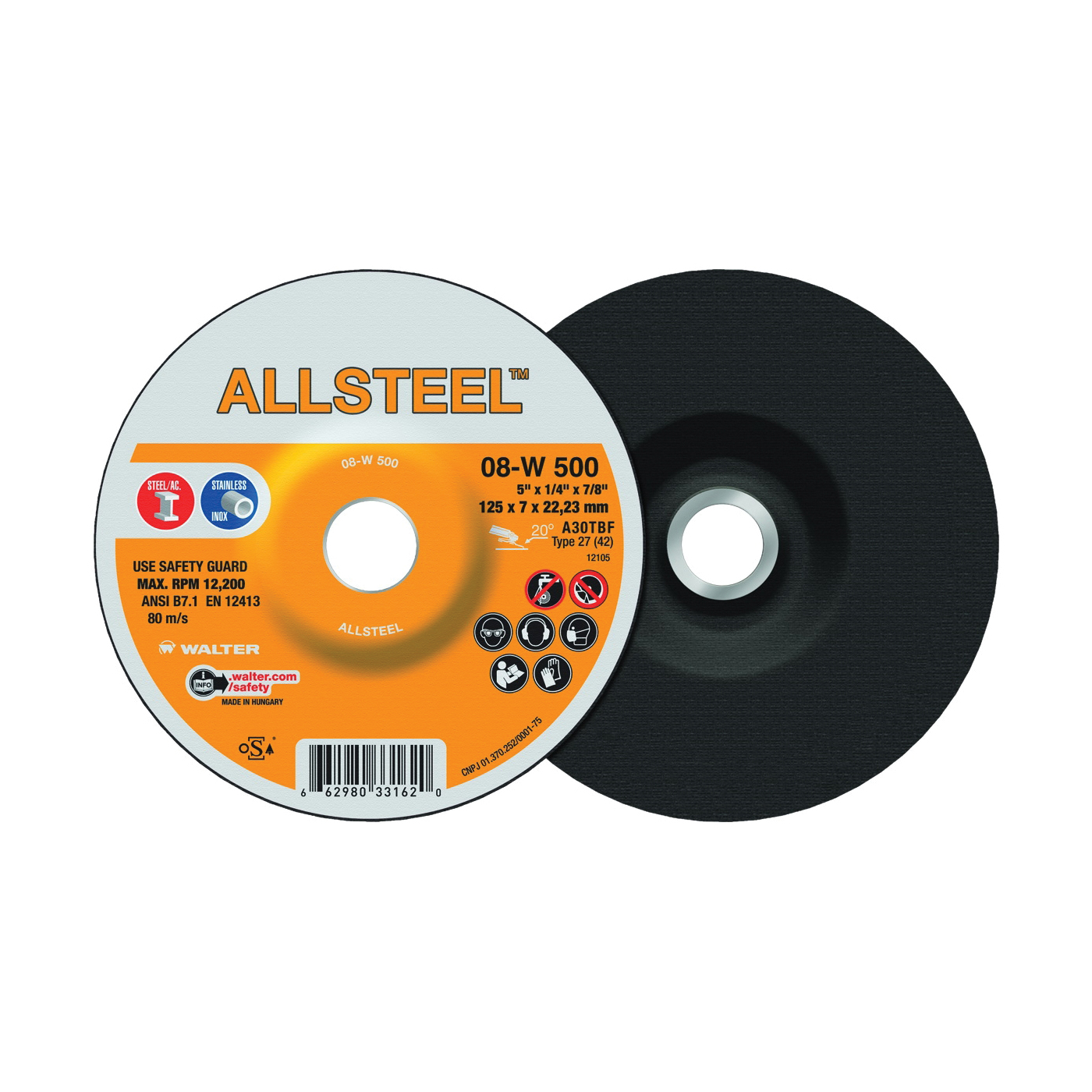 Walter Surface Technologies ALLSTEEL™ 08W500 Aggressive Grinding Wheel, 5 in Dia x 1/4 in THK, 7/8 in Center Hole