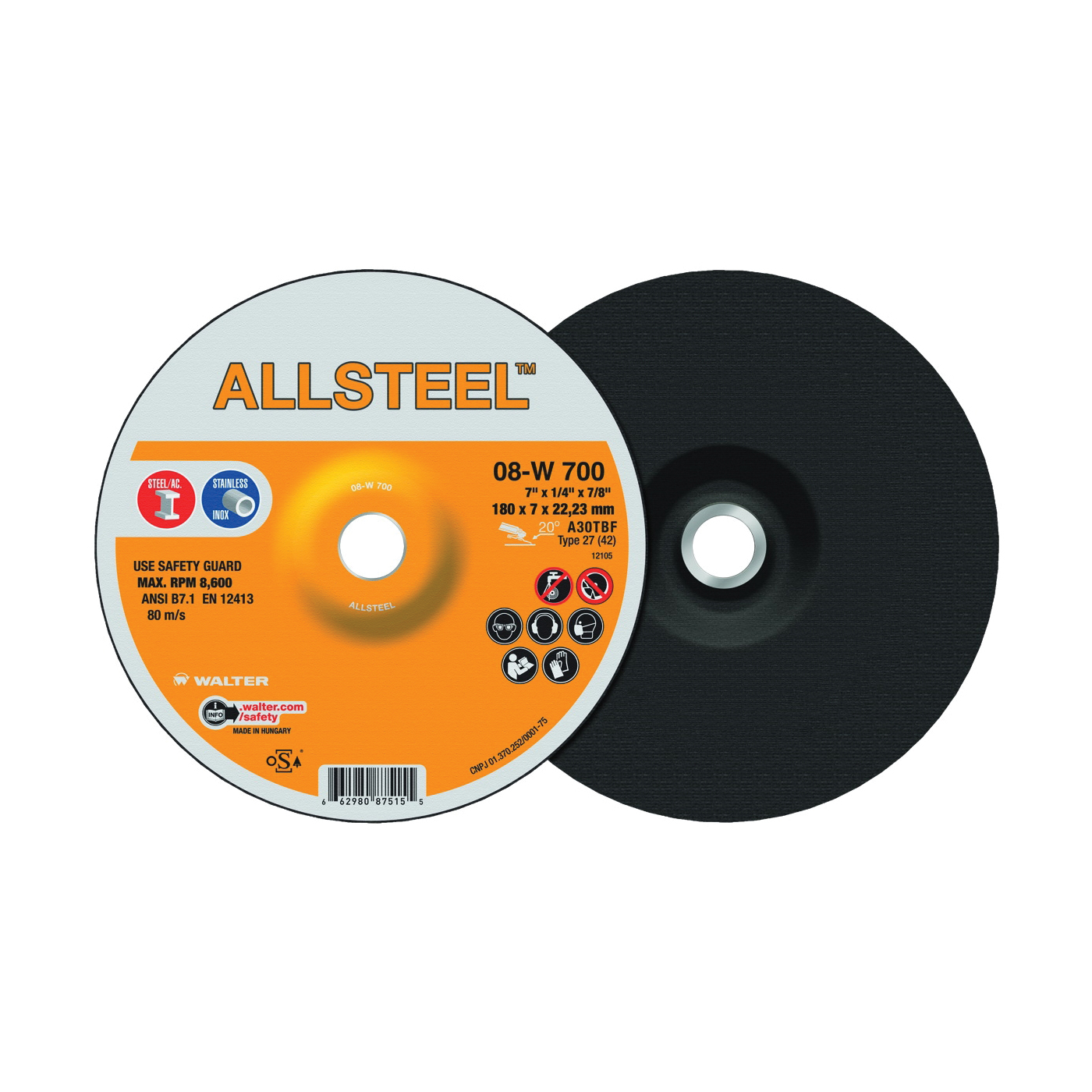 Walter Surface Technologies ALLSTEEL™ 08W700 Aggressive Grinding Wheel, 7 in Dia x 1/4 in THK, 7/8 in Center Hole