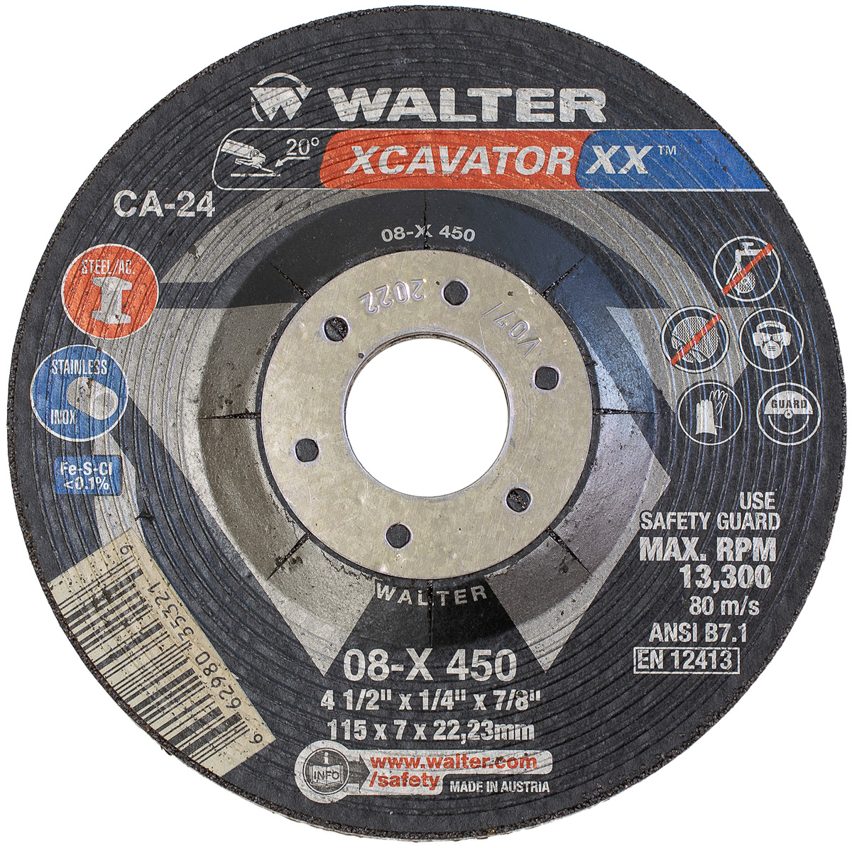 Walter Surface Technologies XCAVATOR XX™ 08X450 Grinding Wheel, 4-1/2 in Dia x 1/4 in THK, 7/8 in Center Hole, Ceramic Abrasive