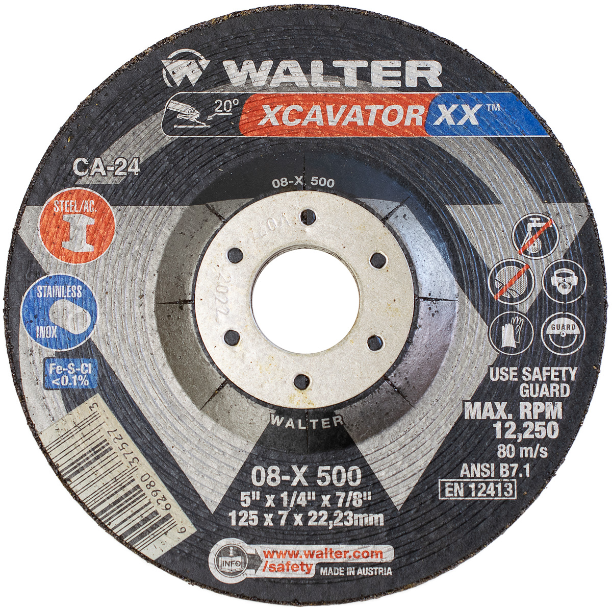Walter Surface Technologies XCAVATOR XX™ 08X500 Grinding Wheel, 5 in Dia x 1/4 in THK, 7/8 in Center Hole, Ceramic Abrasive