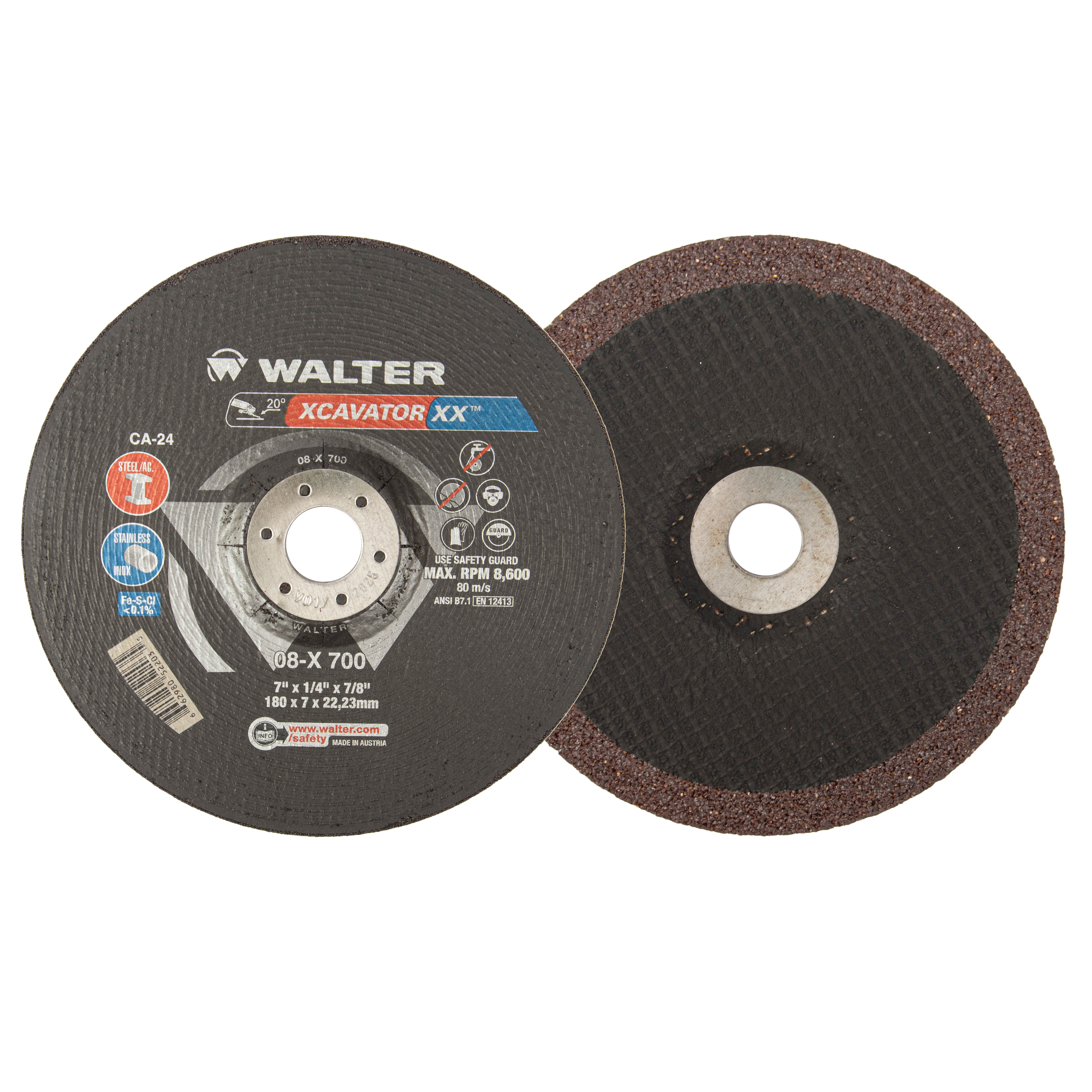 Walter Surface Technologies XCAVATOR XX™ 08X700 Grinding Wheel, 7 in Dia x 1/4 in THK, 7/8 in Center Hole, Ceramic Abrasive