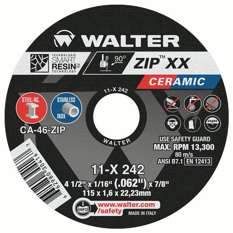 Walter Surface Technologies 11X242 ZIP™ Faster Cut-Off Wheel, 4-1/2 in Dia Wheel x 1-16 in THK Wheel, 7/8 in Center Hole, 46 Grit, Ceramic Abrasive