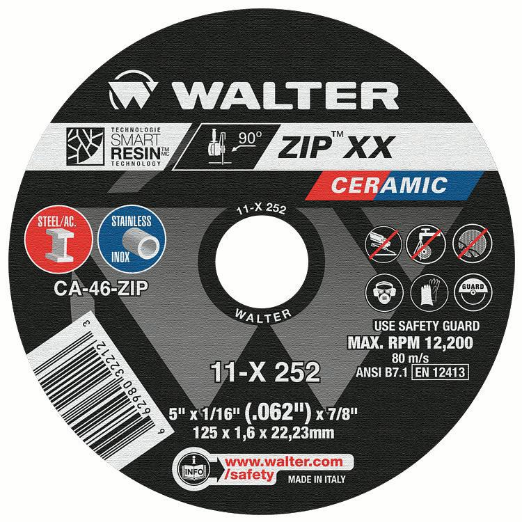 Walter Surface Technologies 11X252 ZIP™ Faster Cut-Off Wheel, 5 in Dia Wheel x 1-16 in THK Wheel, 7/8 in Center Hole, 46 Grit, Ceramic Abrasive