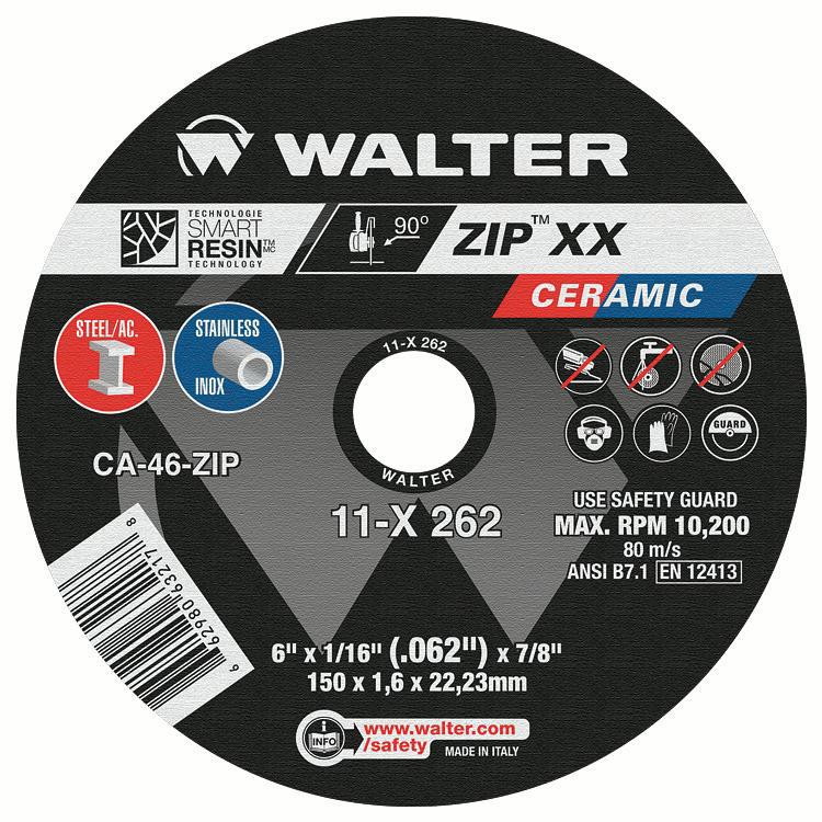 Walter Surface Technologies 11X262 ZIP™ Faster Cut-Off Wheel, 6 in Dia Wheel x 1-16 in THK Wheel, 7/8 in Center Hole, 46 Grit, Ceramic Abrasive