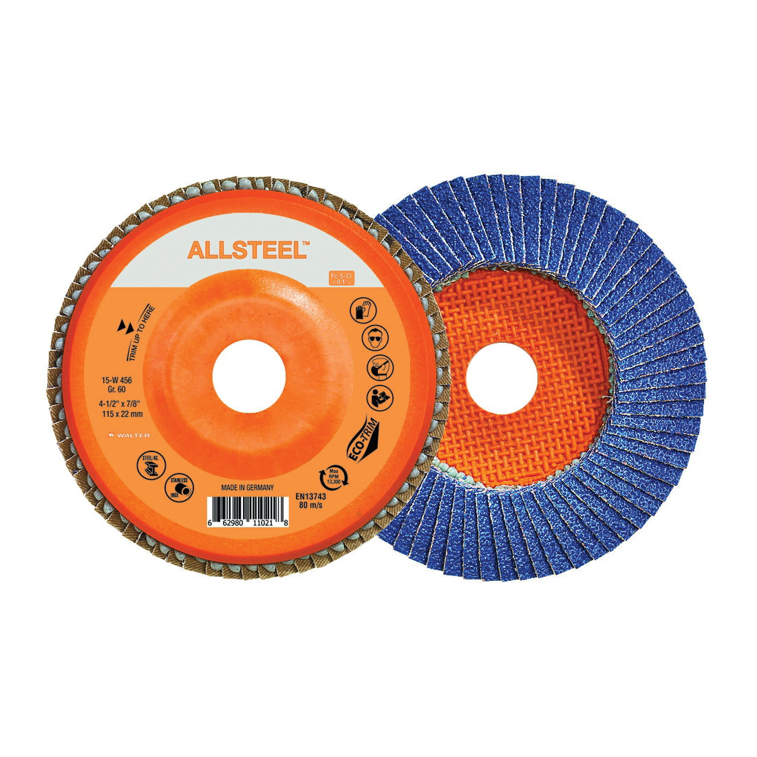 Walter Surface Technologies ALLSTEEL™ 15W456 Industrial Grade Flap Disc, 4-1/2 in Dia Disc, 7/8 in Center Hole, 60 Grit, Zirconia Alumina Abrasive, Type 27 Disc