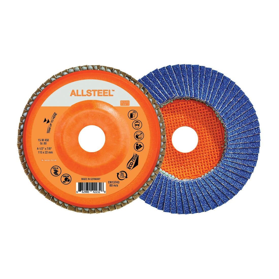 Walter Surface Technologies ALLSTEEL™ 15W458 Industrial Grade Flap Disc, 4-1/2 in Dia Disc, 7/8 in Center Hole, 80 Grit, Zirconia Alumina Abrasive, Type 27 Disc