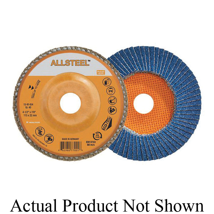 Walter Surface Technologies ALLSTEEL™ 15W462 Industrial Grade Flap Disc, 4-1/2 in Dia Disc, 7/8 in Center Hole, 120 Grit, Zirconia Alumina Abrasive, Type 27 Disc