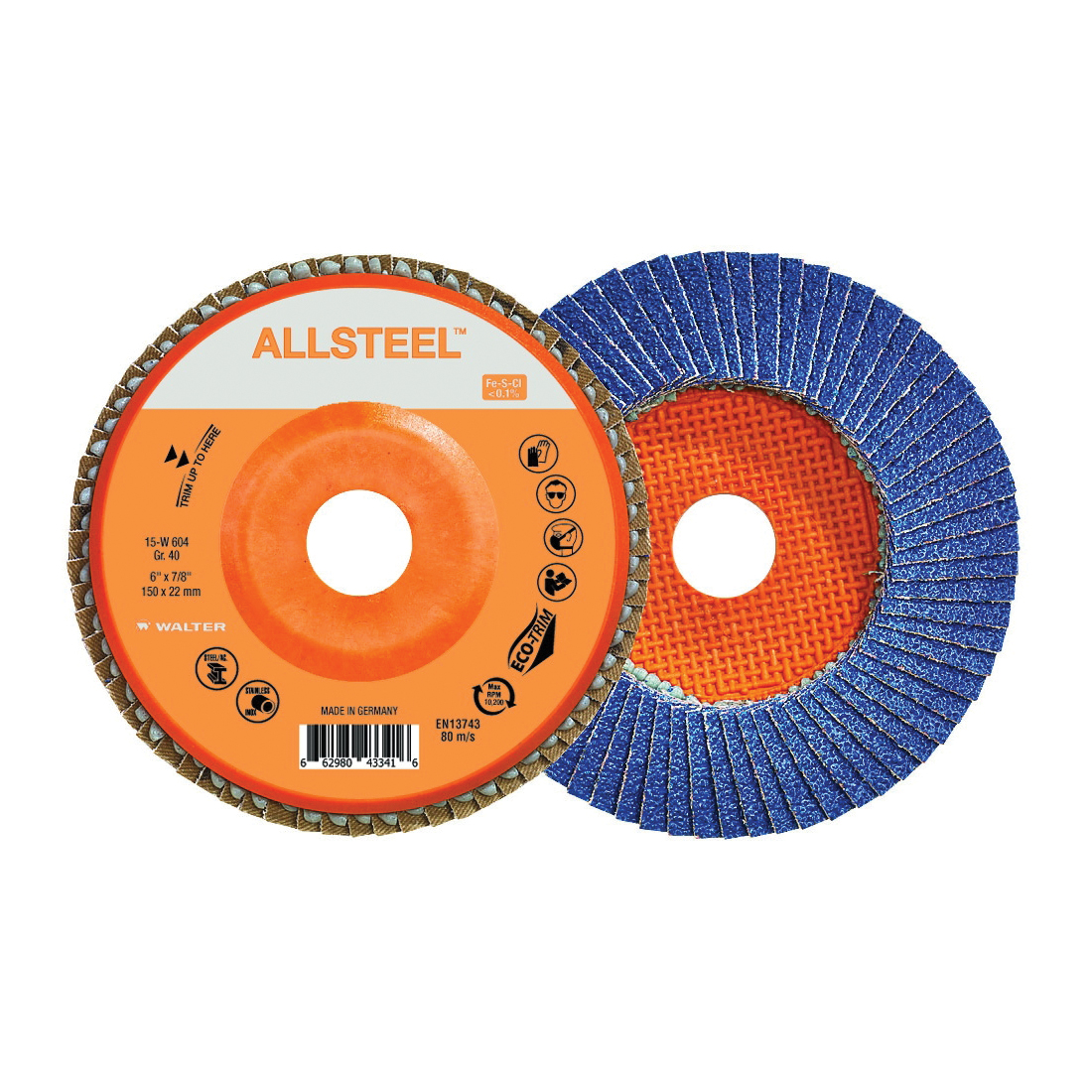 Walter Surface Technologies ALLSTEEL™ 15W604 Industrial Grade Flap Disc, 6 in Dia Disc, 7/8 in Center Hole, 40 Grit, Zirconia Alumina Abrasive, Type 27 Disc